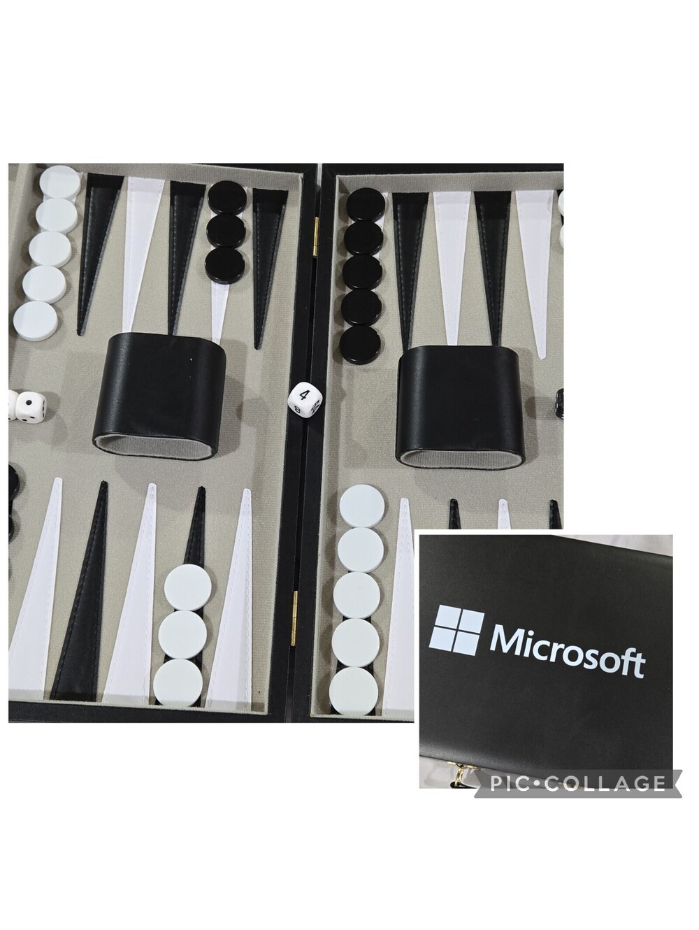 Backgammon Set Black Leatherette Case Gray Black White Inside Microsoft 15x9.5"